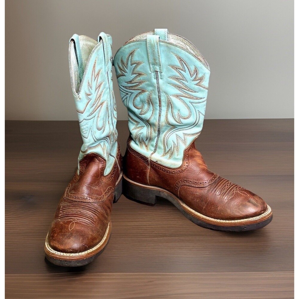 Women’s Ariat Western Cowboy Boots Brown Turquoise Leather Round Toe Size 8.5B